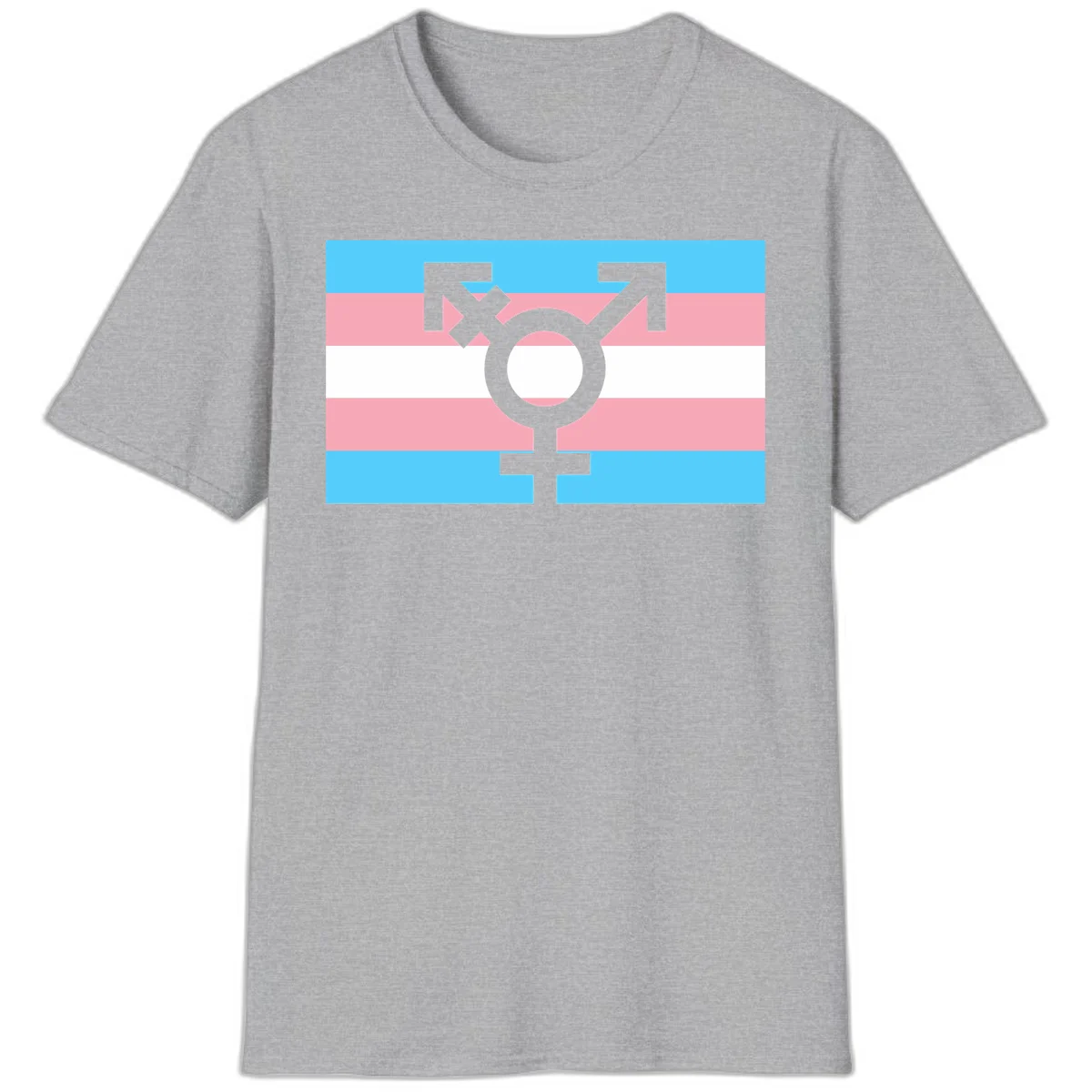 Transgender pride flag with gray transgender symbol centered on light blue, pink, and white horizontal stripes in Sport Grey