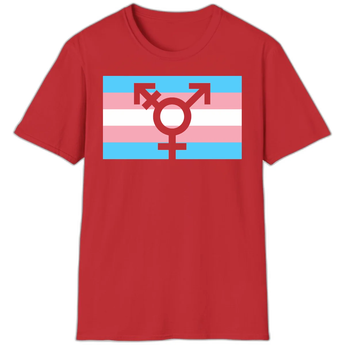 Transgender pride flag with gray transgender symbol centered on light blue, pink, and white horizontal stripes in Red