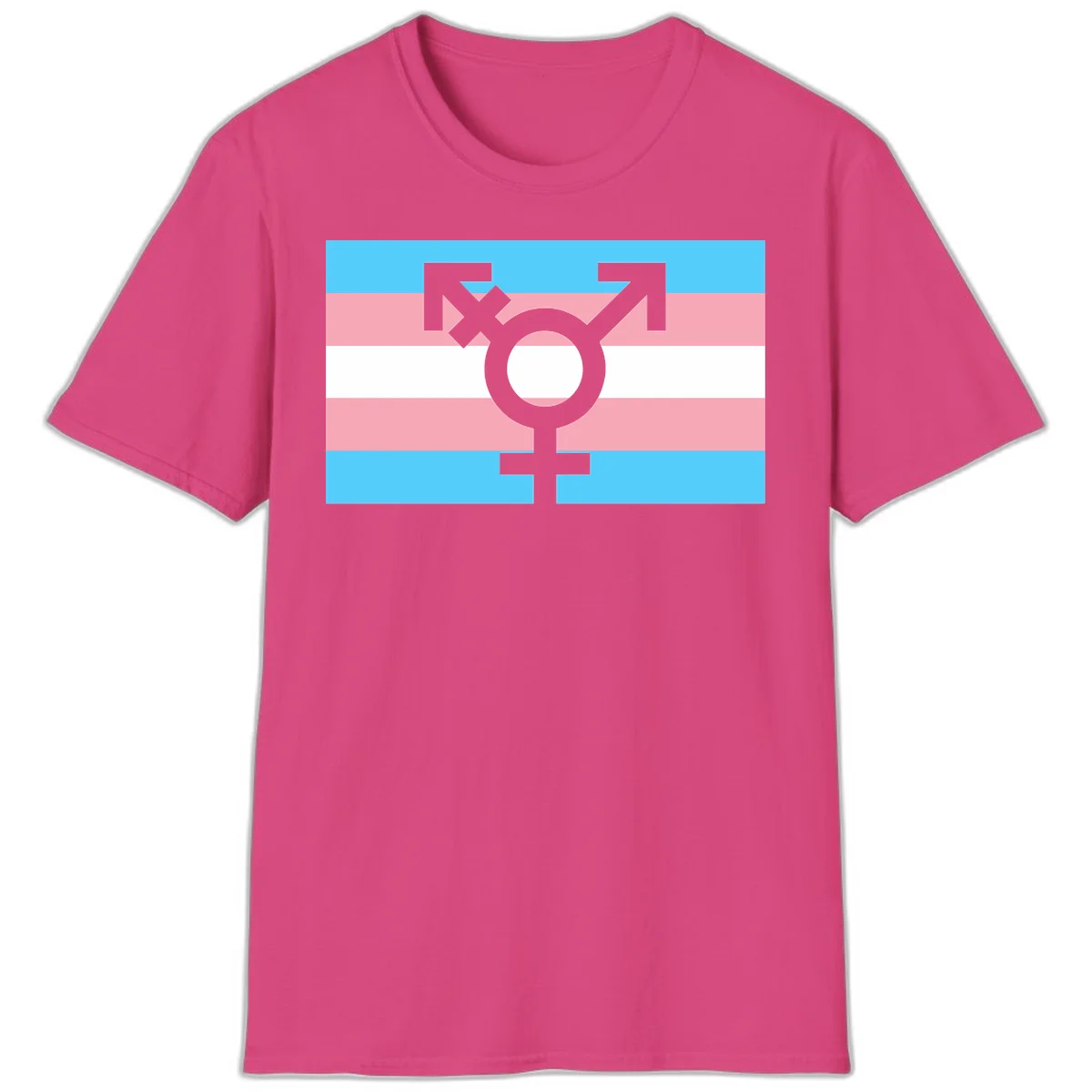 Transgender pride flag with gray transgender symbol centered on light blue, pink, and white horizontal stripes in Heliconia