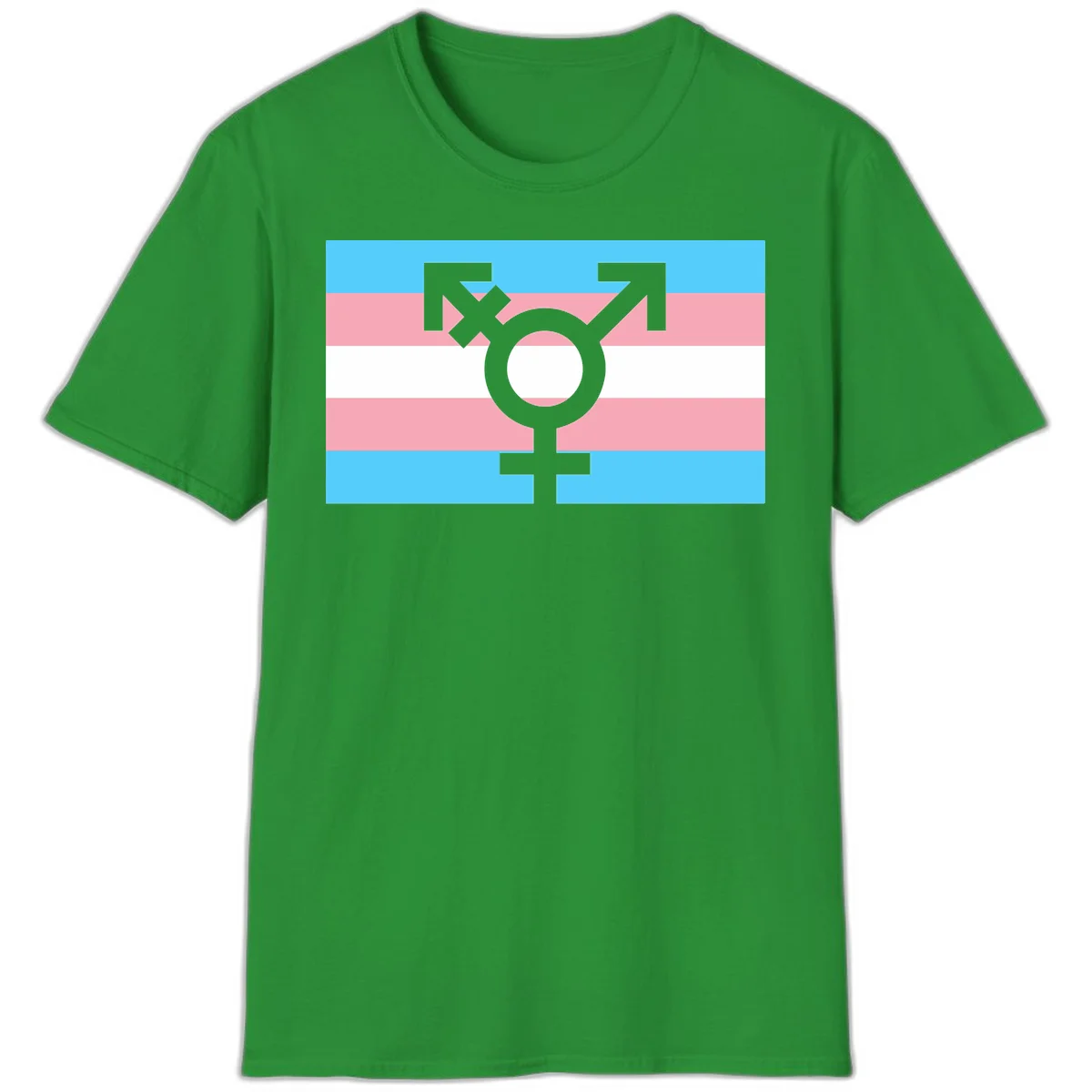 Transgender pride flag with gray transgender symbol centered on light blue, pink, and white horizontal stripes in Irish Green