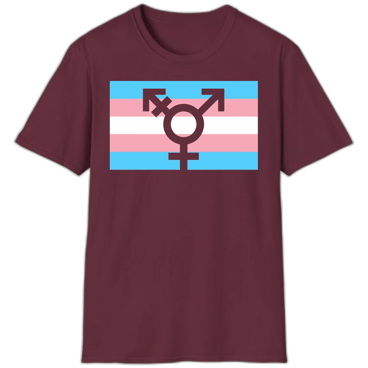 Transgender pride flag with gray transgender symbol centered on light blue, pink, and white horizontal stripes in Maroon