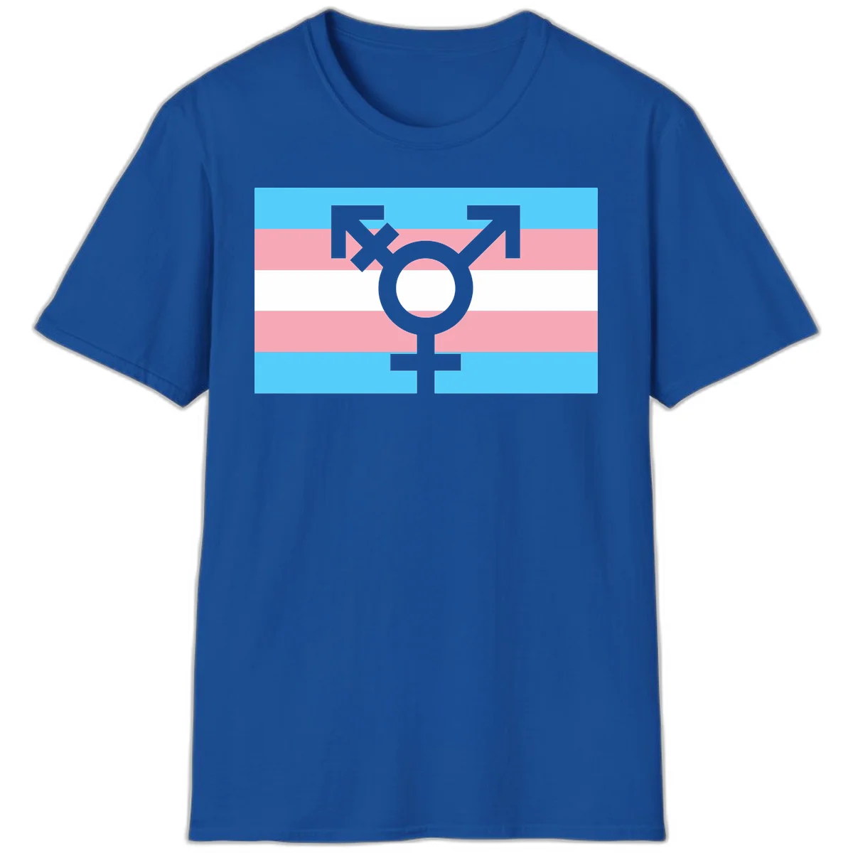 Transgender pride flag with gray transgender symbol centered on light blue, pink, and white horizontal stripes in Royal