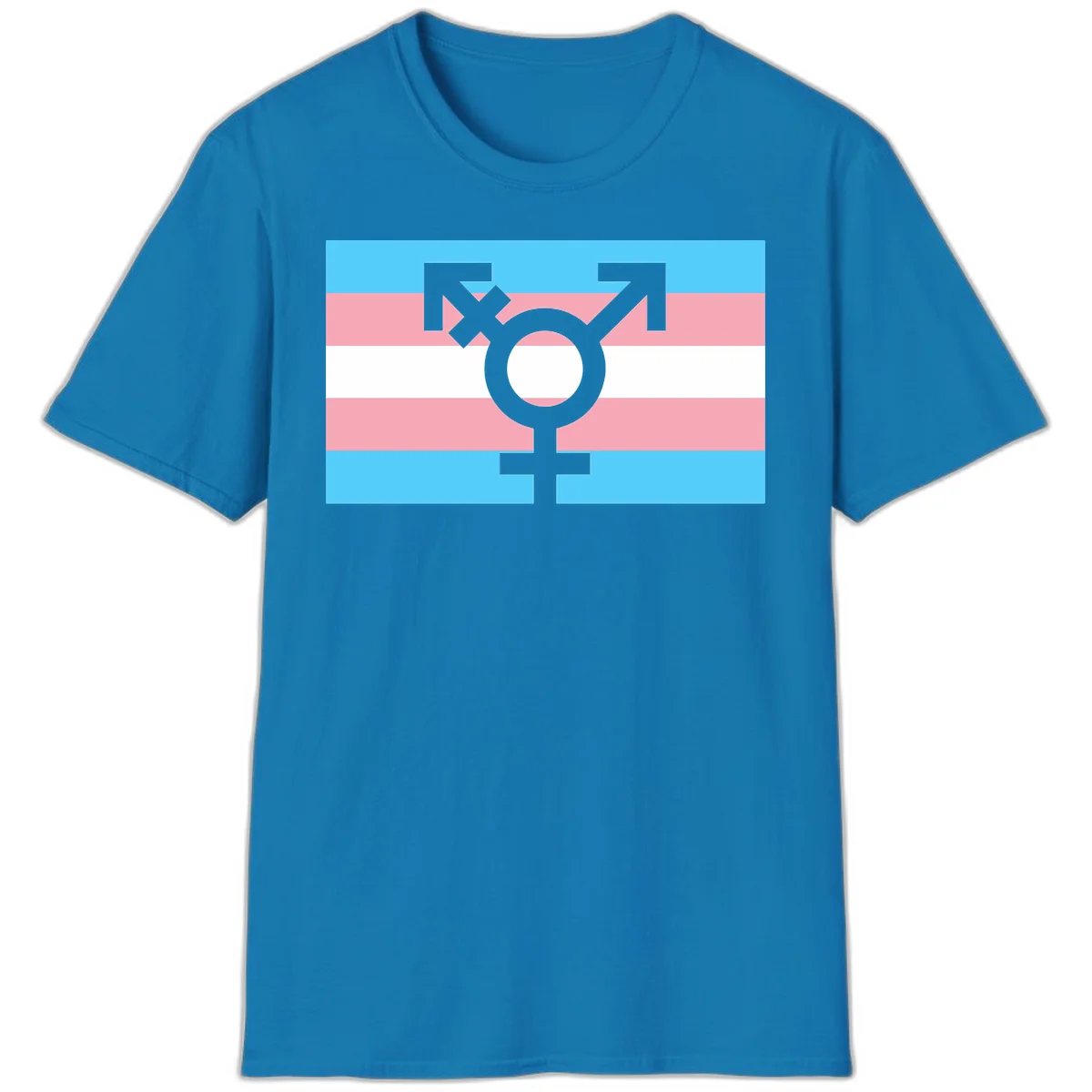 Transgender pride flag with gray transgender symbol centered on light blue, pink, and white horizontal stripes in Sapphire