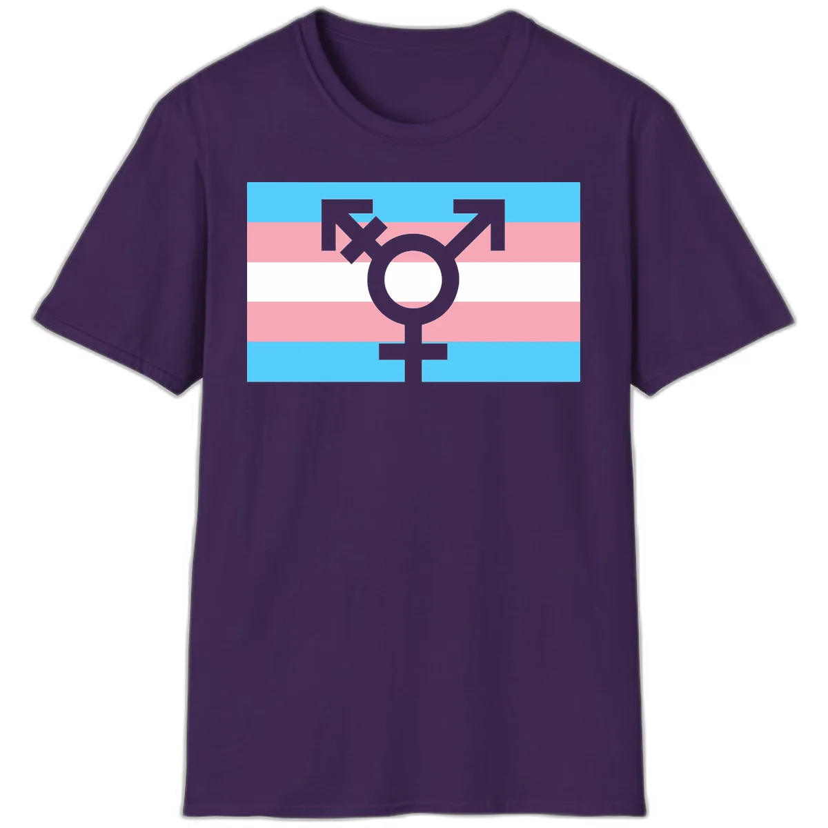 Transgender pride flag with gray transgender symbol centered on light blue, pink, and white horizontal stripes in Purple