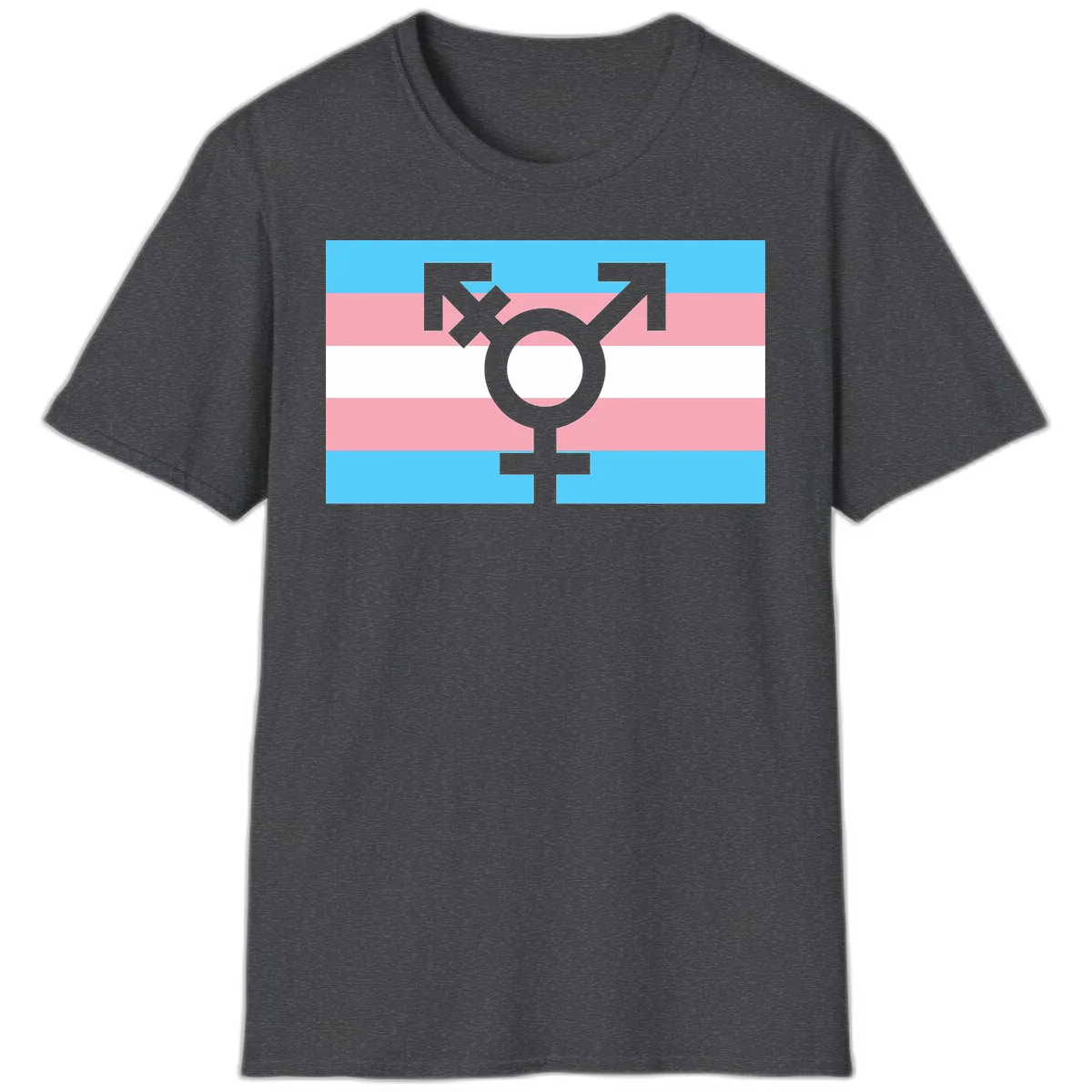 Transgender pride flag with gray transgender symbol centered on light blue, pink, and white horizontal stripes in Dark Heather