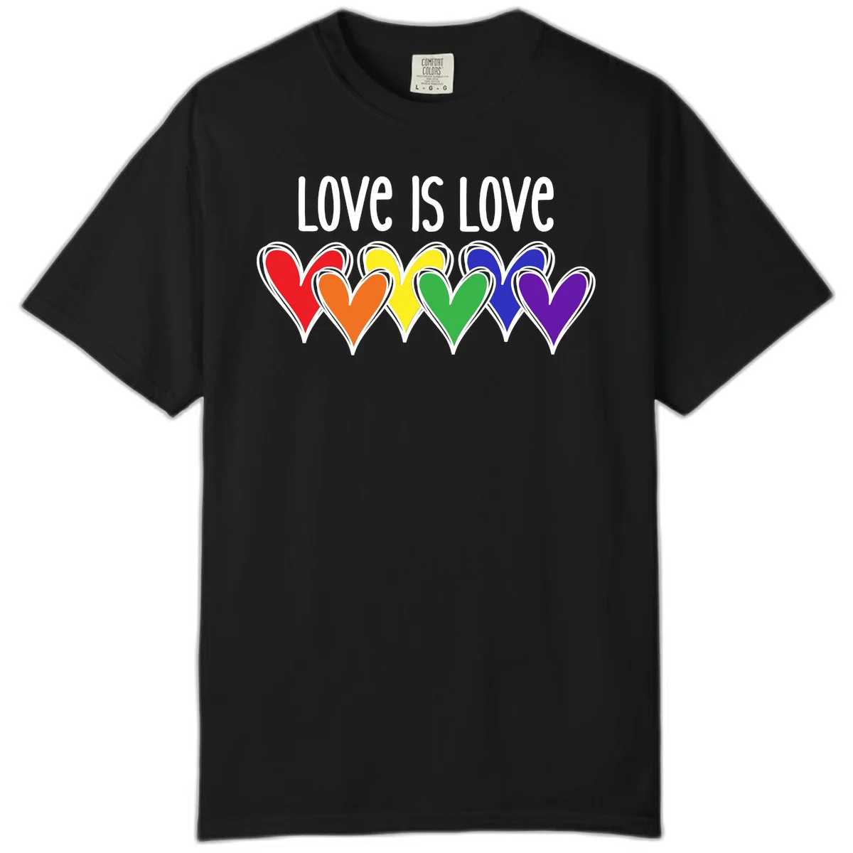 Love is love pride design with six colorful rainbow hearts in red, orange, yellow, green, blue, and purple on gray background in Black