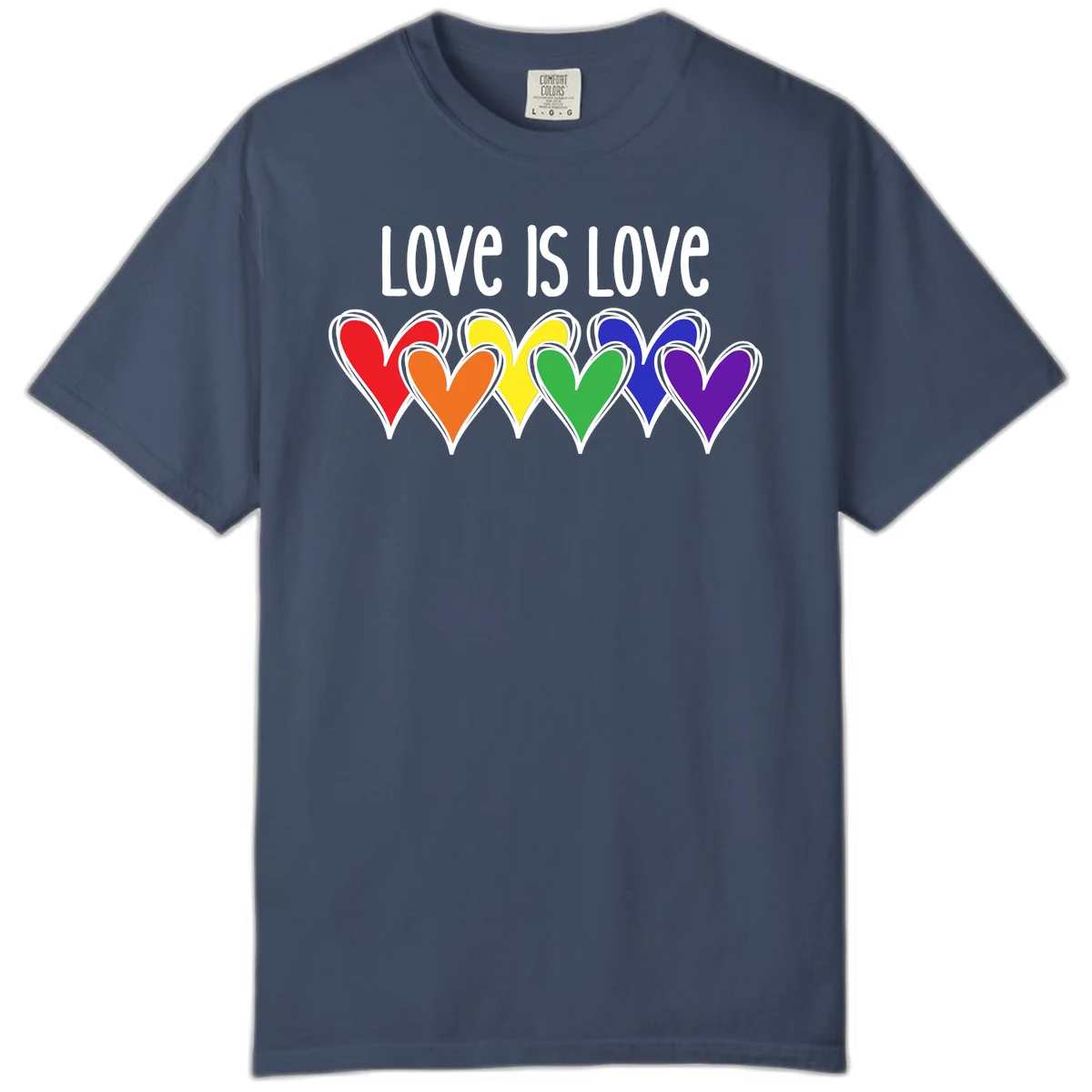 Love is love pride design with six colorful rainbow hearts in red, orange, yellow, green, blue, and purple on gray background in Midnight