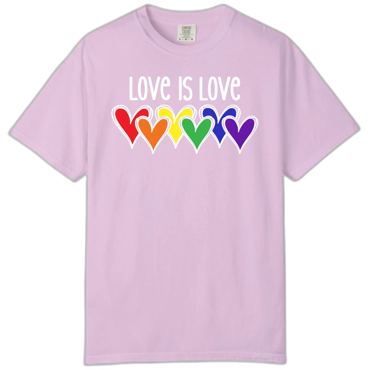 Love is love pride design with six colorful rainbow hearts in red, orange, yellow, green, blue, and purple on gray background in Orchid