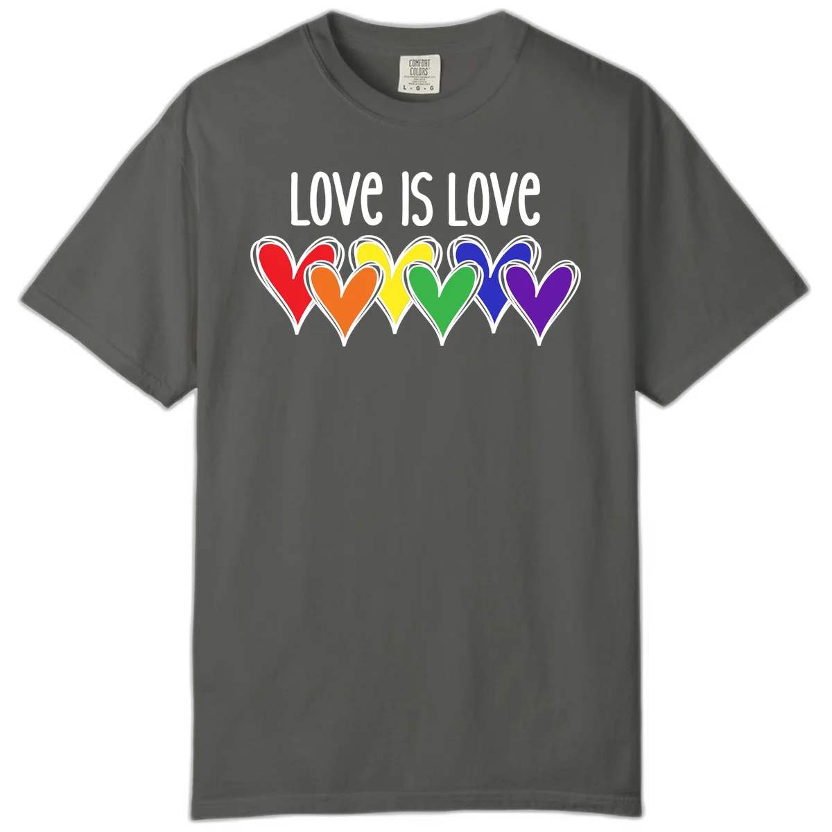Love is love pride design with six colorful rainbow hearts in red, orange, yellow, green, blue, and purple on gray background in Pepper