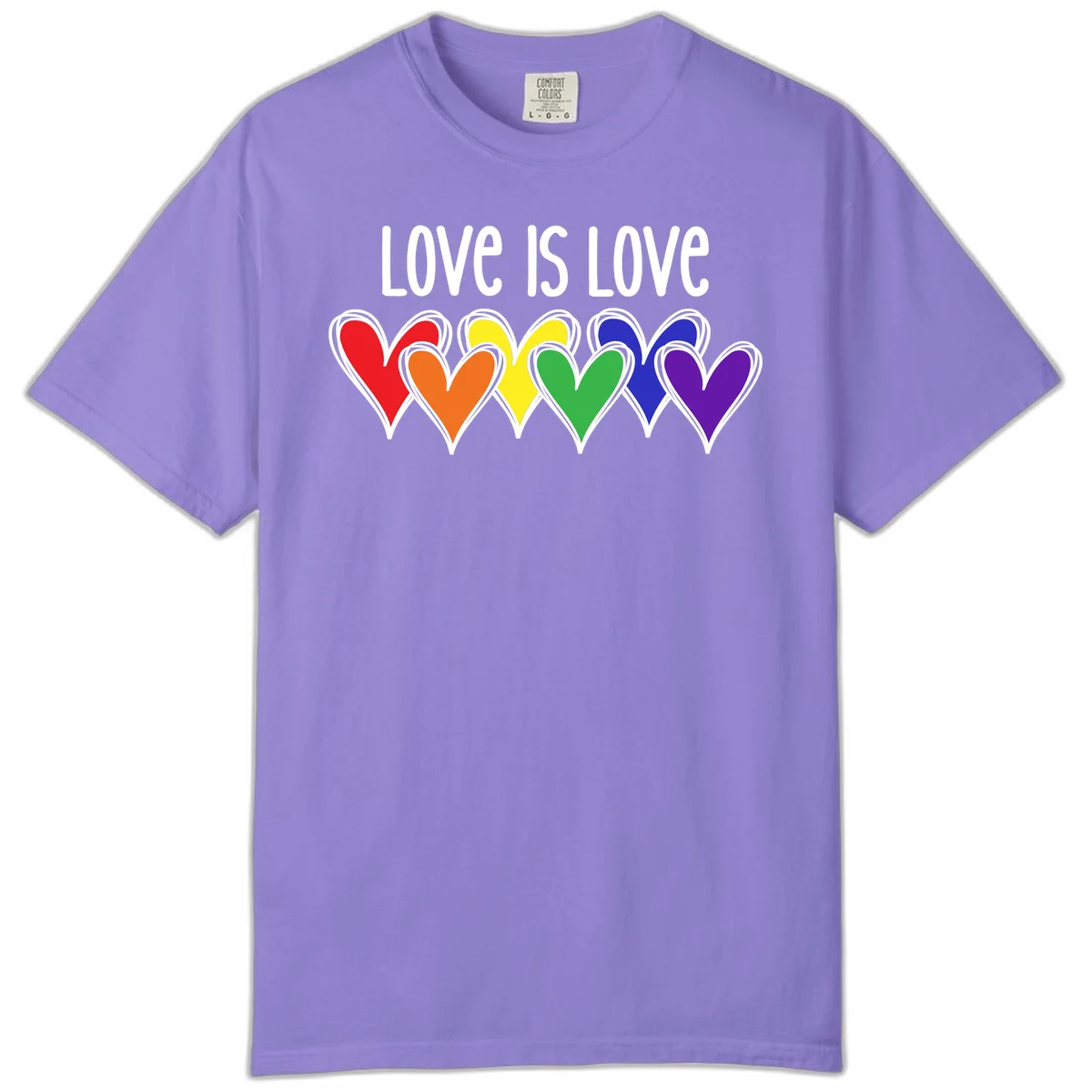 Love is love pride design with six colorful rainbow hearts in red, orange, yellow, green, blue, and purple on gray background in Violet