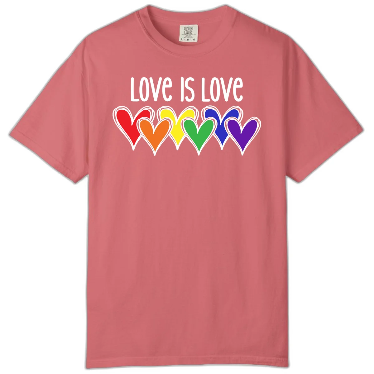 Love is love pride design with six colorful rainbow hearts in red, orange, yellow, green, blue, and purple on gray background in Watermelon