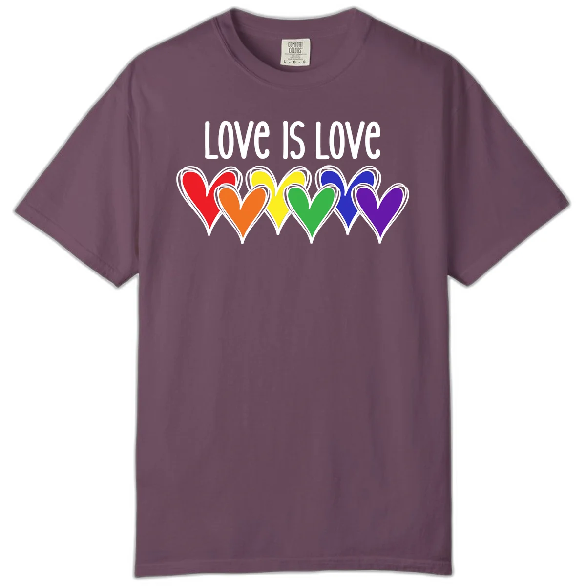 Love is love pride design with six colorful rainbow hearts in red, orange, yellow, green, blue, and purple on gray background in Berry