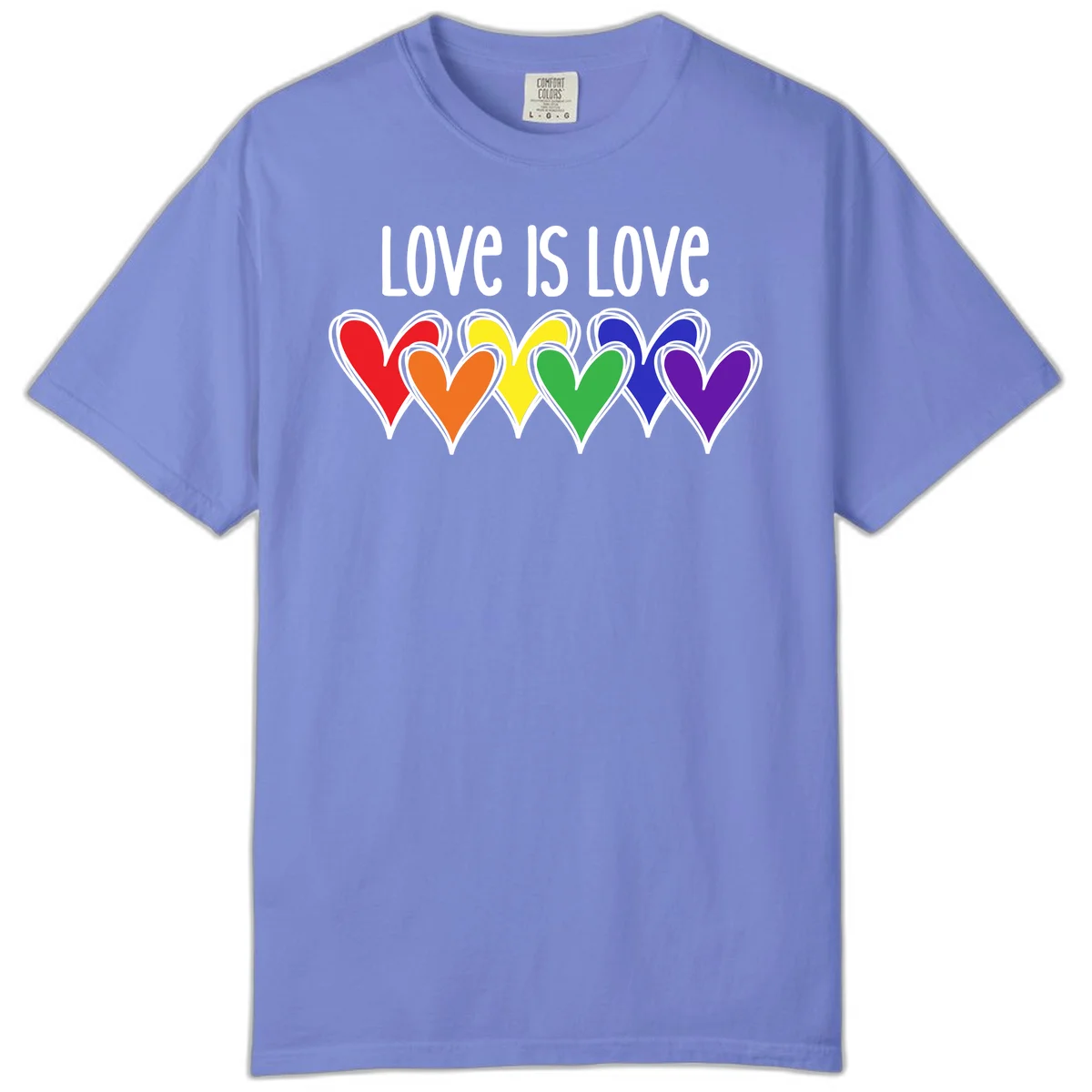 Love is love pride design with six colorful rainbow hearts in red, orange, yellow, green, blue, and purple on gray background in Flo Blue