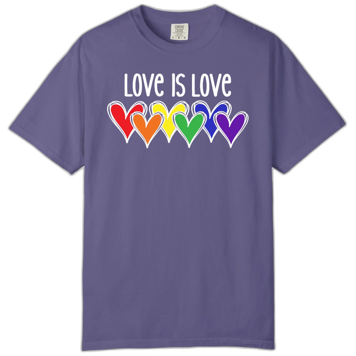 Love is love pride design with six colorful rainbow hearts in red, orange, yellow, green, blue, and purple on gray background in Grape