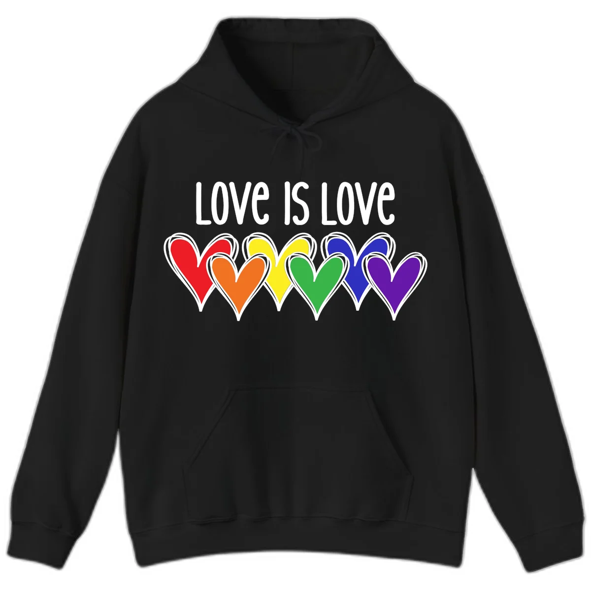 Love is love pride design with six colorful rainbow hearts in red, orange, yellow, green, blue, and purple on gray background in Black