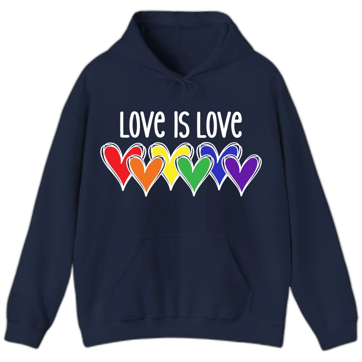 Love is love pride design with six colorful rainbow hearts in red, orange, yellow, green, blue, and purple on gray background in Navy