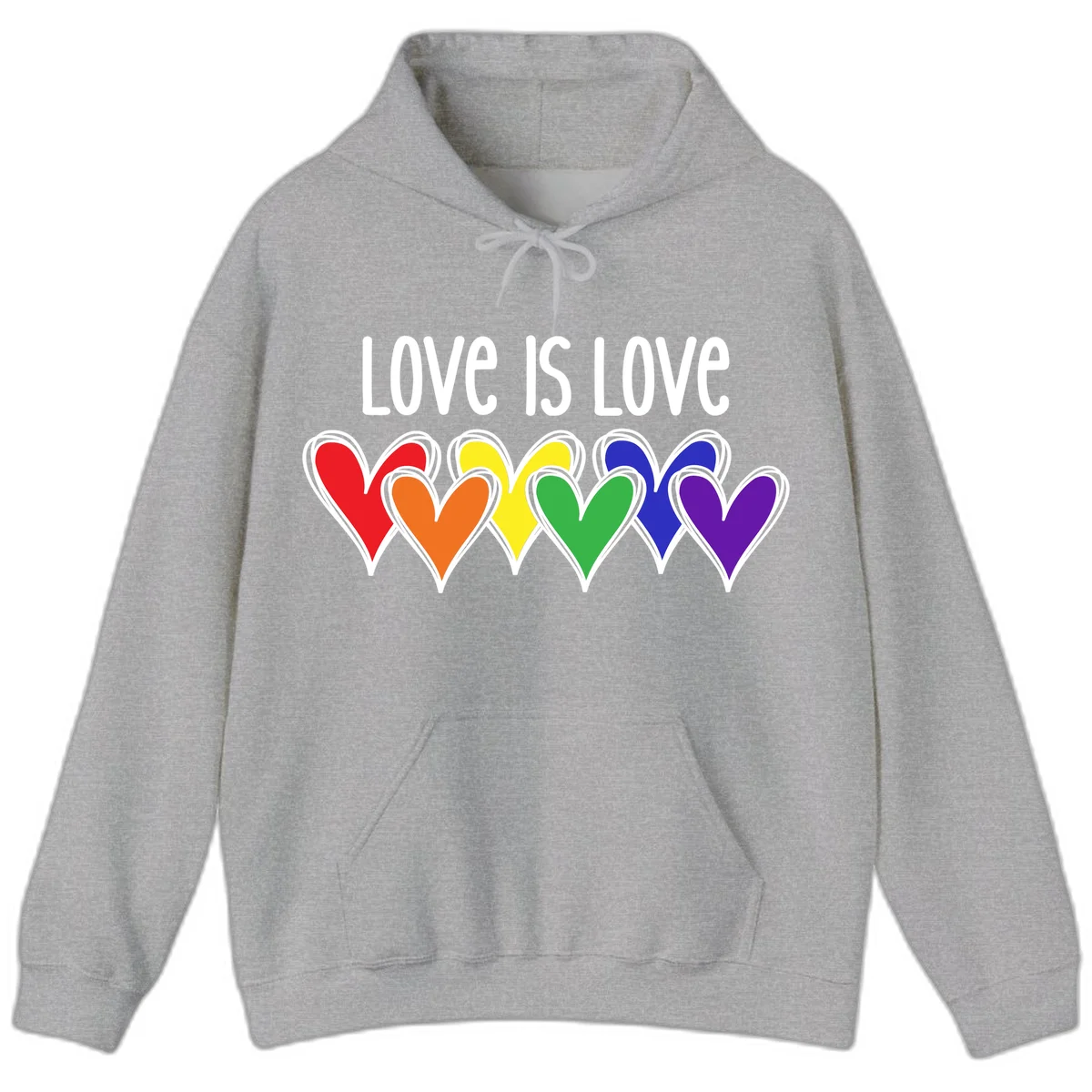 Love is love pride design with six colorful rainbow hearts in red, orange, yellow, green, blue, and purple on gray background in Sport Grey