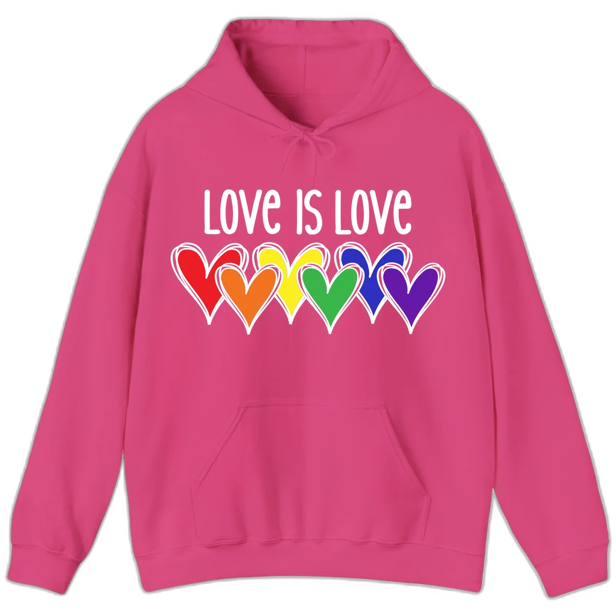 Love is love pride design with six colorful rainbow hearts in red, orange, yellow, green, blue, and purple on gray background in Heliconia