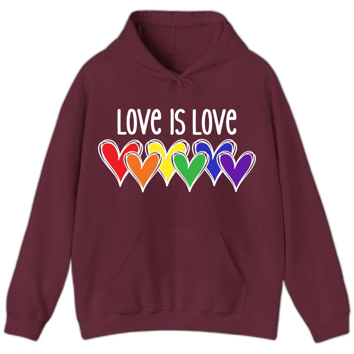Love is love pride design with six colorful rainbow hearts in red, orange, yellow, green, blue, and purple on gray background in Maroon