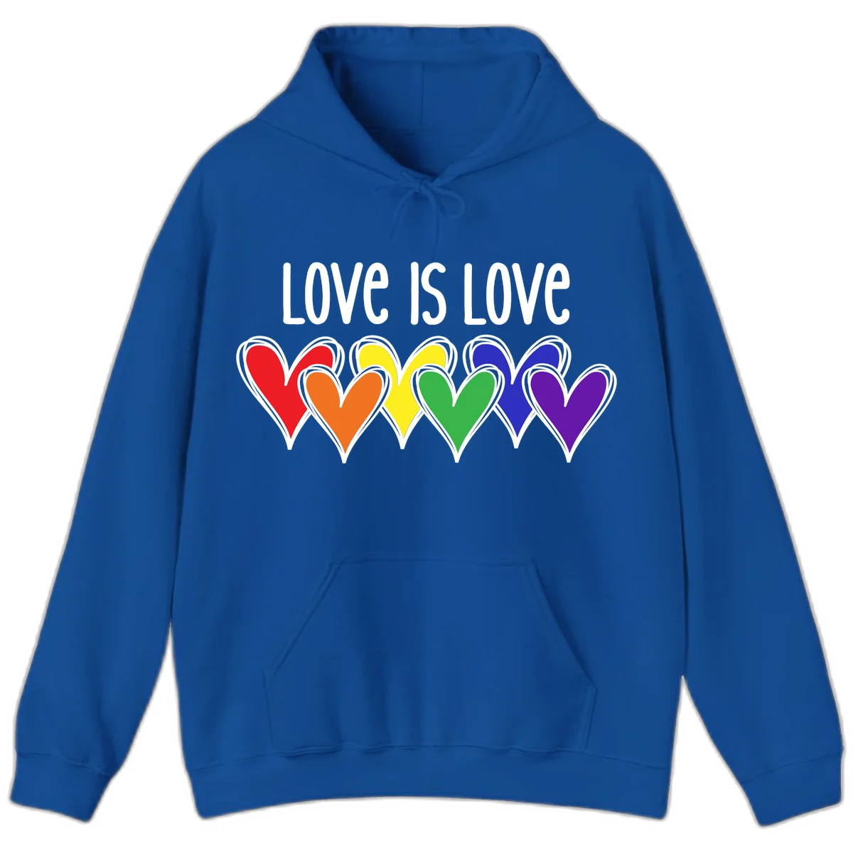 Love is love pride design with six colorful rainbow hearts in red, orange, yellow, green, blue, and purple on gray background in Royal