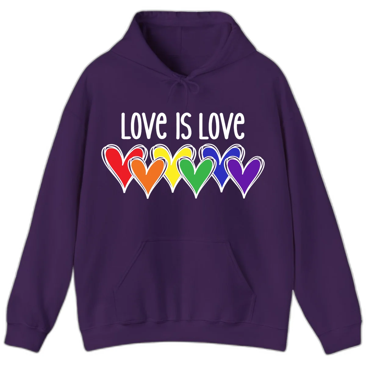 Love is love pride design with six colorful rainbow hearts in red, orange, yellow, green, blue, and purple on gray background in Purple