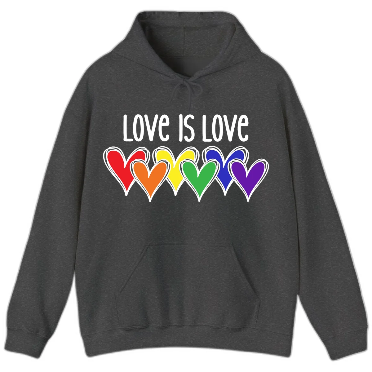 Love is love pride design with six colorful rainbow hearts in red, orange, yellow, green, blue, and purple on gray background in Dark Heather