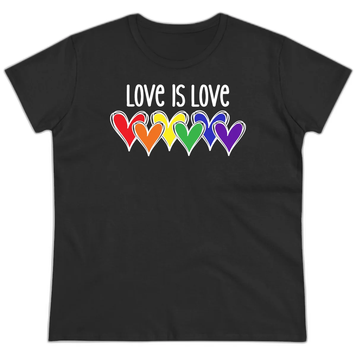 Love is love pride design with six colorful rainbow hearts in red, orange, yellow, green, blue, and purple on gray background in Black