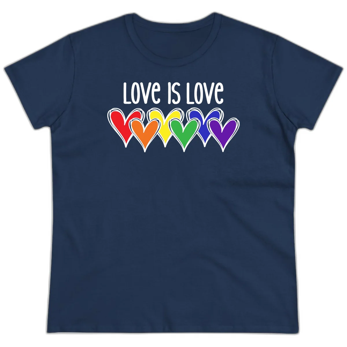 Love is love pride design with six colorful rainbow hearts in red, orange, yellow, green, blue, and purple on gray background in Navy