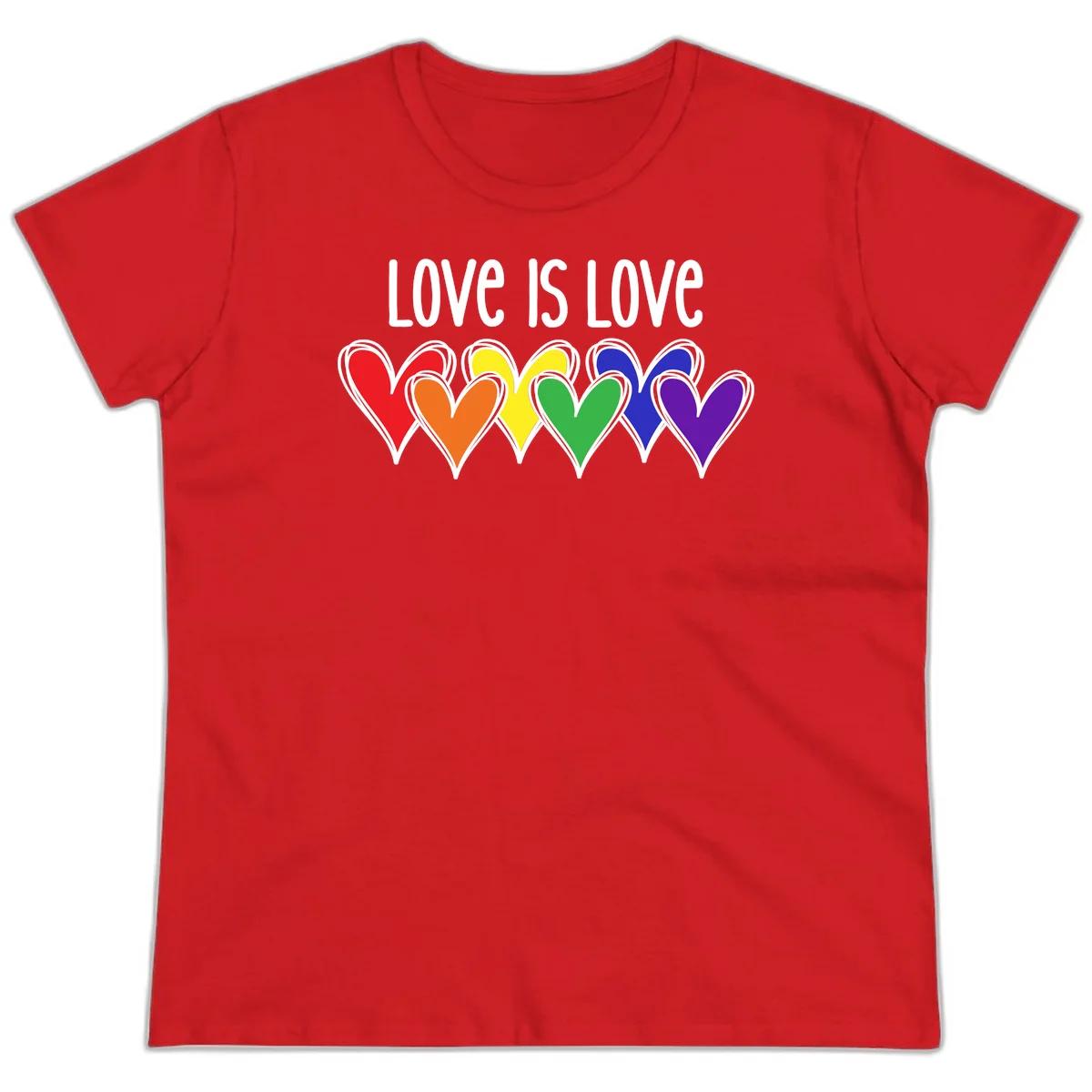 Love is love pride design with six colorful rainbow hearts in red, orange, yellow, green, blue, and purple on gray background in Red