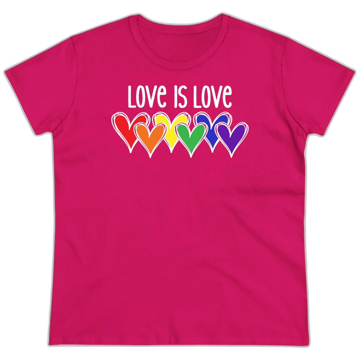 Love is love pride design with six colorful rainbow hearts in red, orange, yellow, green, blue, and purple on gray background in Heliconia