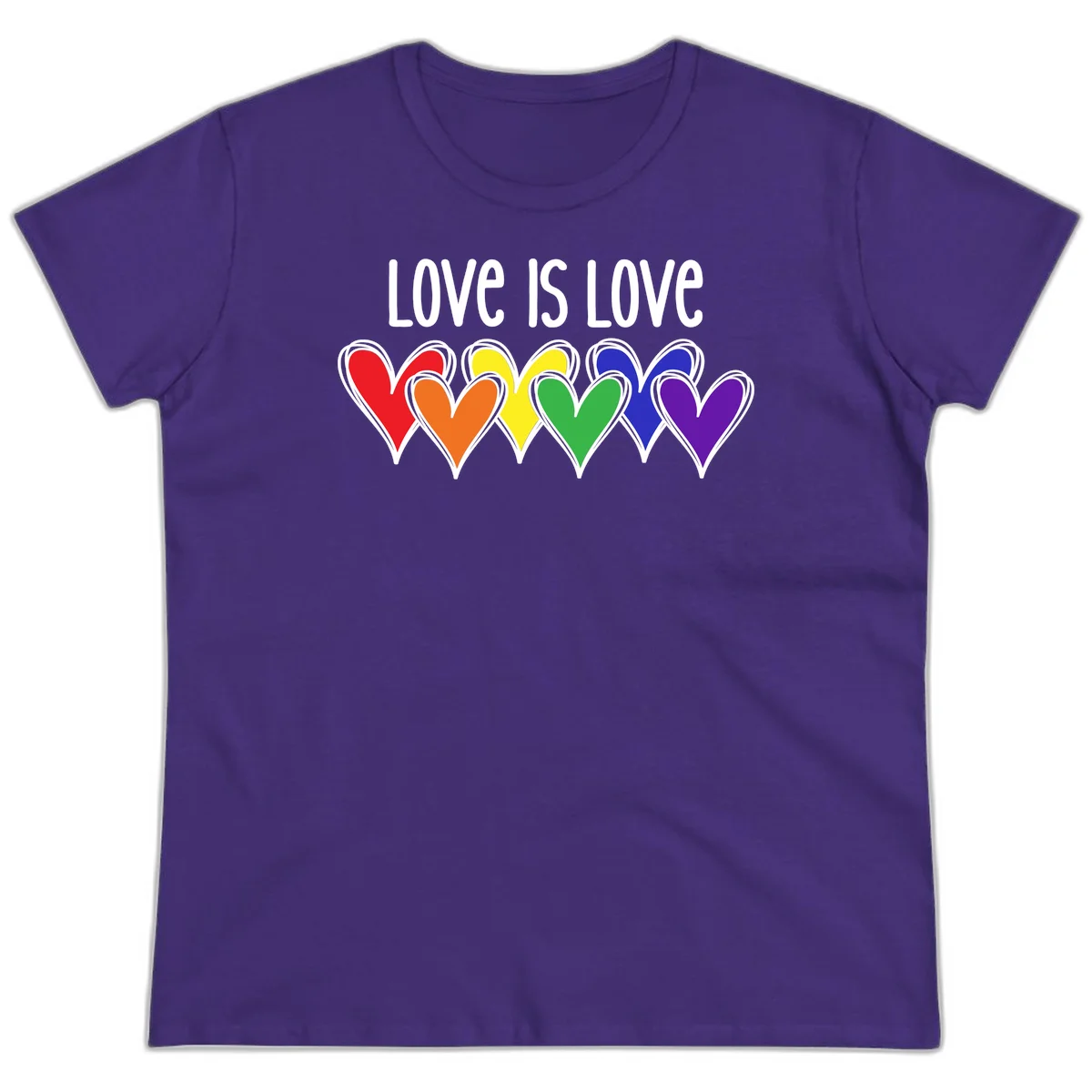 Love is love pride design with six colorful rainbow hearts in red, orange, yellow, green, blue, and purple on gray background in Purple