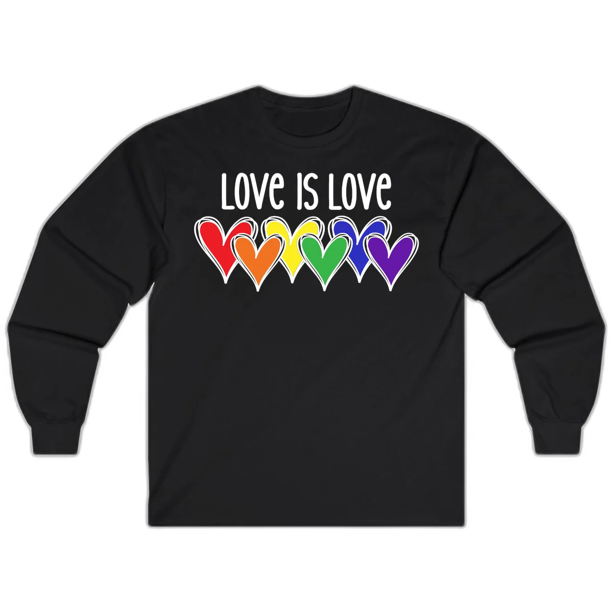Love is love pride design with six colorful rainbow hearts in red, orange, yellow, green, blue, and purple on gray background in Black