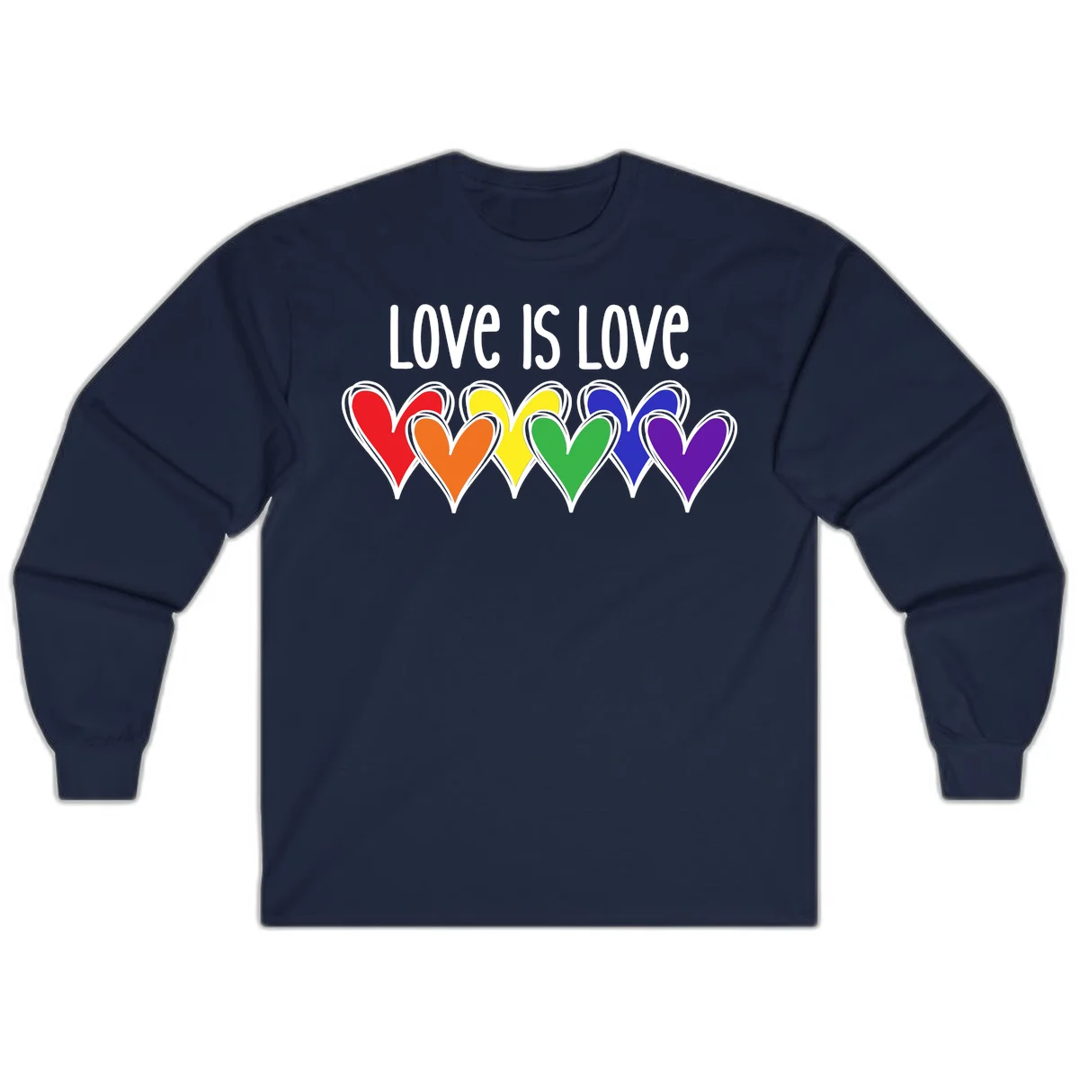 Love is love pride design with six colorful rainbow hearts in red, orange, yellow, green, blue, and purple on gray background in Navy