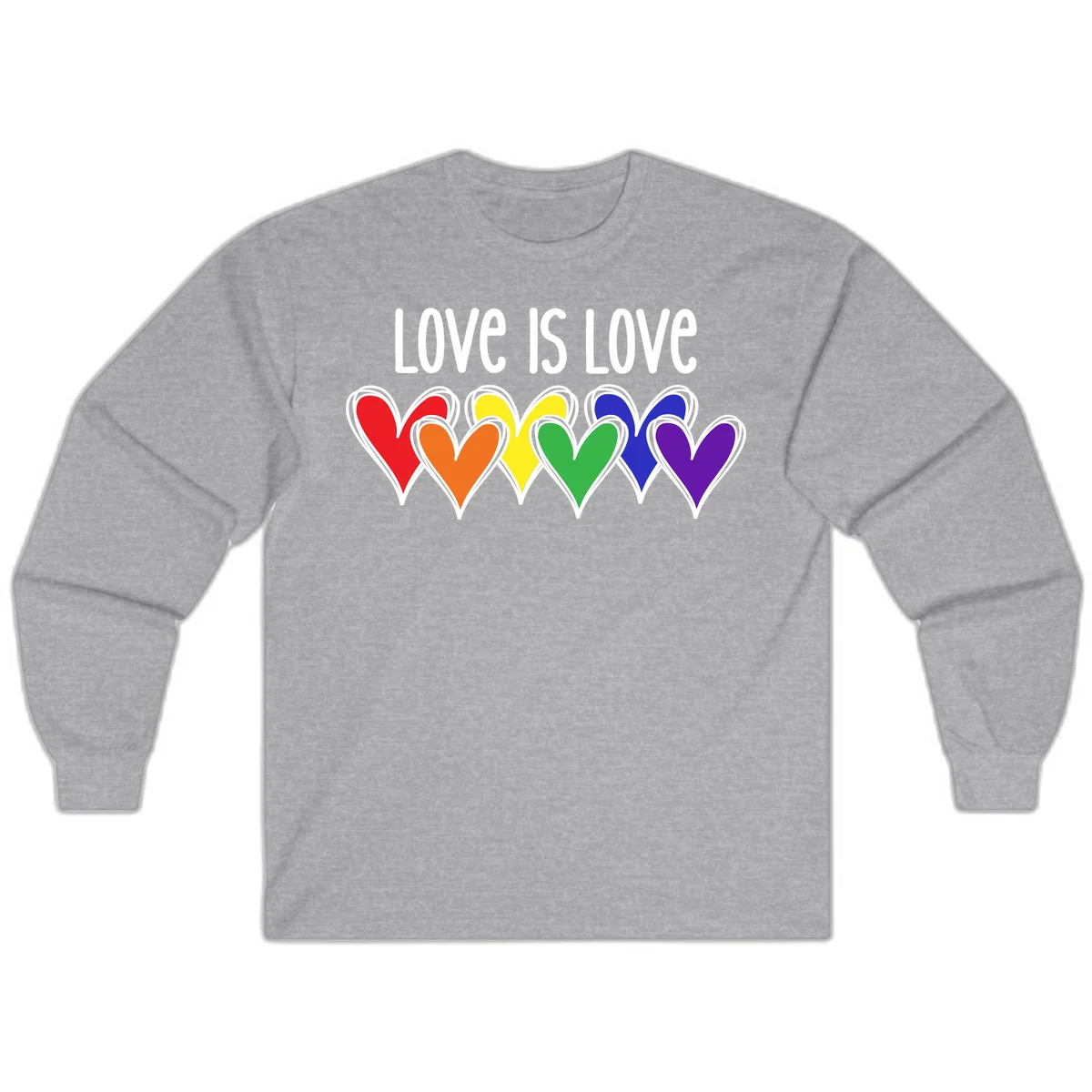 Love is love pride design with six colorful rainbow hearts in red, orange, yellow, green, blue, and purple on gray background in Sport Grey
