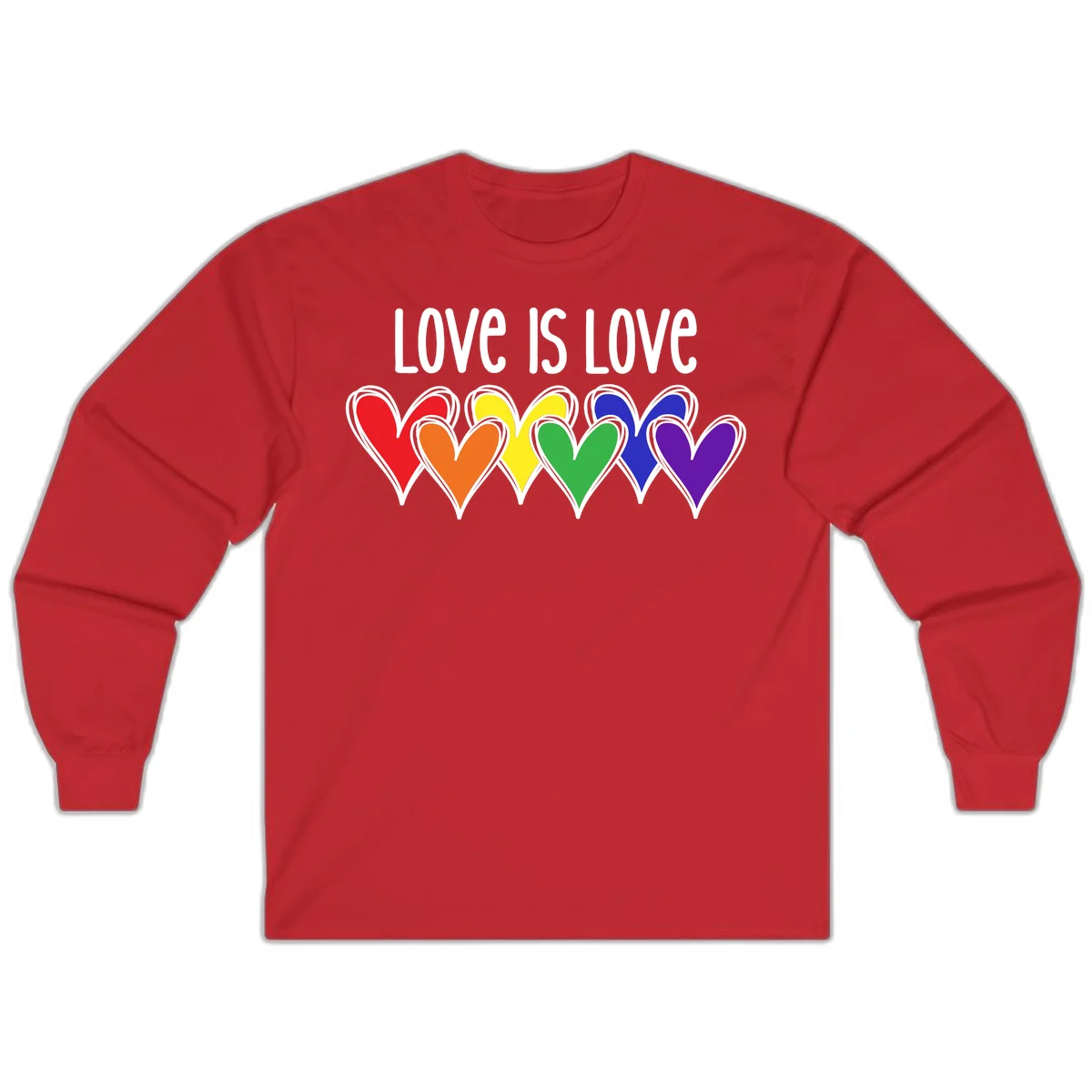Love is love pride design with six colorful rainbow hearts in red, orange, yellow, green, blue, and purple on gray background in Red