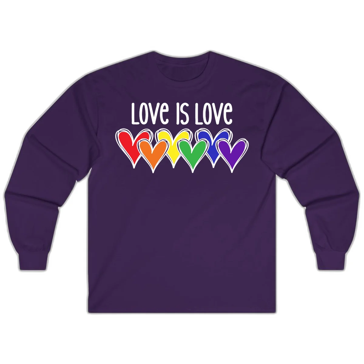Love is love pride design with six colorful rainbow hearts in red, orange, yellow, green, blue, and purple on gray background in Purple