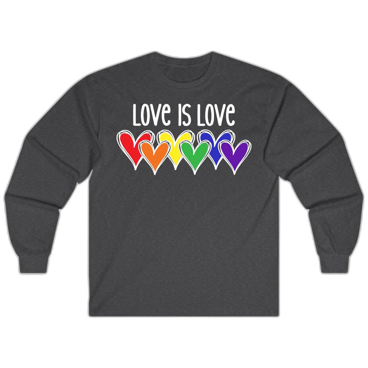 Love is love pride design with six colorful rainbow hearts in red, orange, yellow, green, blue, and purple on gray background in Dark Heather