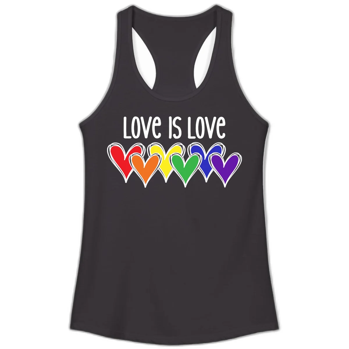 Love is love pride design with six colorful rainbow hearts in red, orange, yellow, green, blue, and purple on gray background in Black