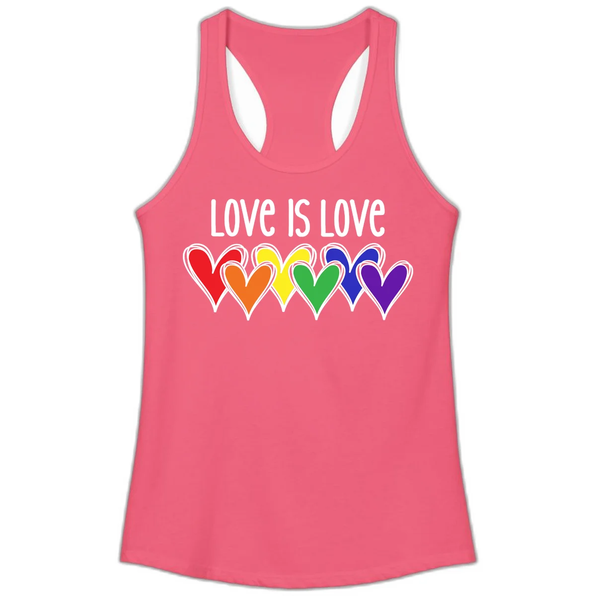 Love is love pride design with six colorful rainbow hearts in red, orange, yellow, green, blue, and purple on gray background in Hot Pink