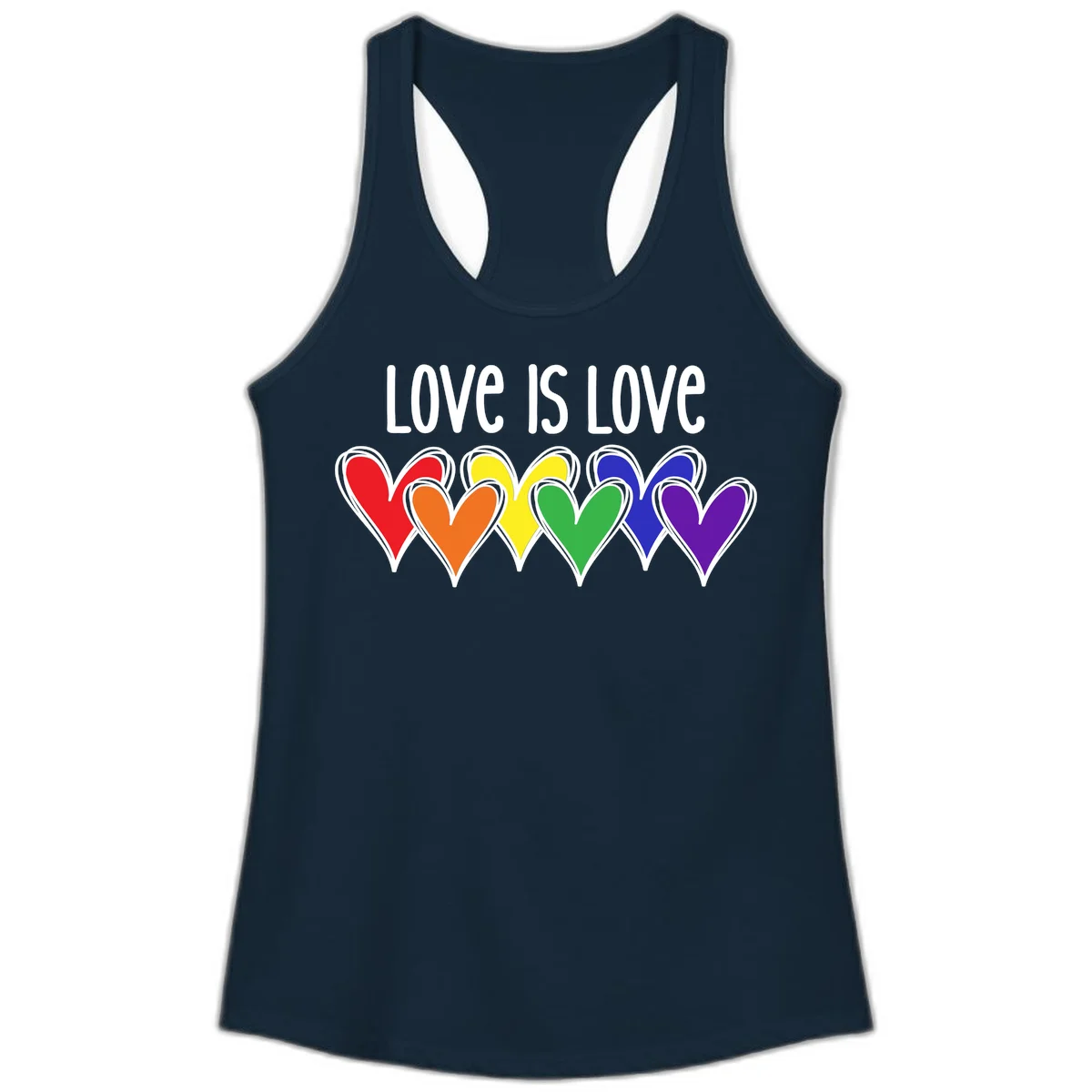 Love is love pride design with six colorful rainbow hearts in red, orange, yellow, green, blue, and purple on gray background in Solid Midnight Navy