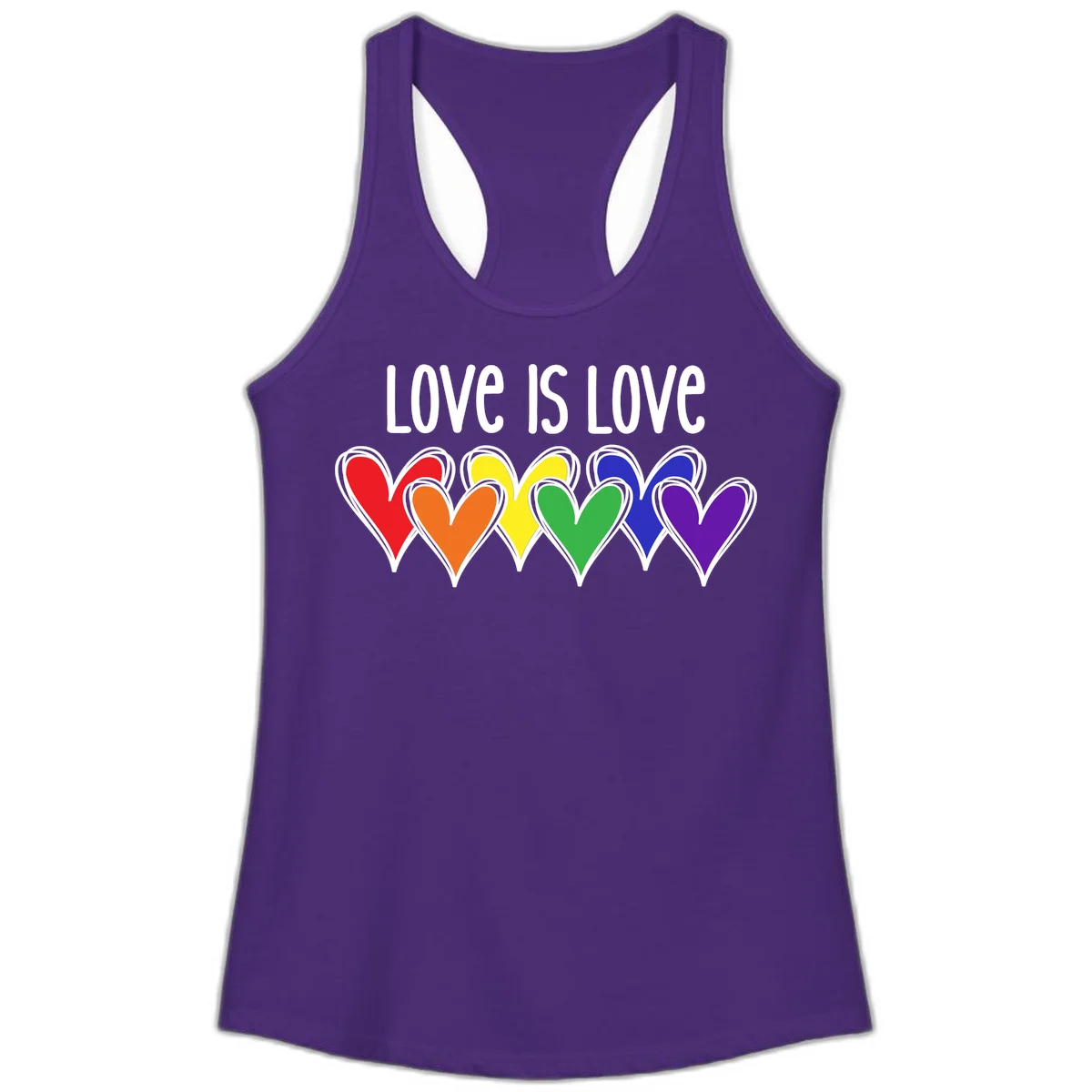 Love is love pride design with six colorful rainbow hearts in red, orange, yellow, green, blue, and purple on gray background in Solid Purple Rush