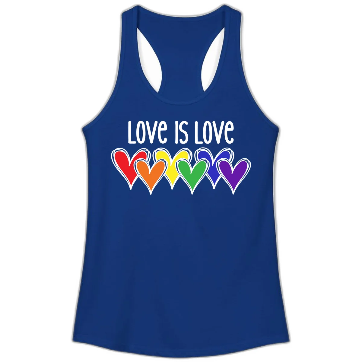 Love is love pride design with six colorful rainbow hearts in red, orange, yellow, green, blue, and purple on gray background in Solid Royal