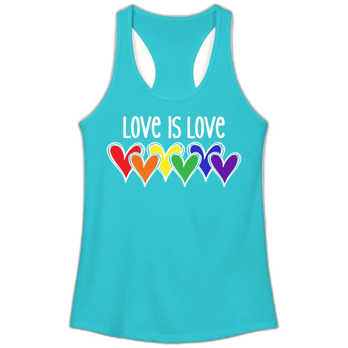 Love is love pride design with six colorful rainbow hearts in red, orange, yellow, green, blue, and purple on gray background in Solid Tahiti Blue