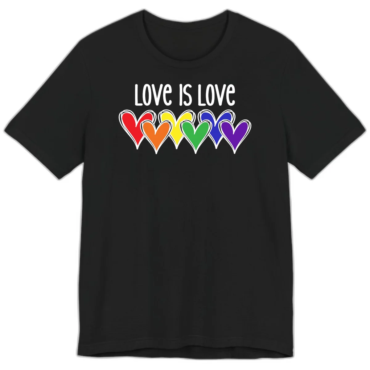 Love is love pride design with six colorful rainbow hearts in red, orange, yellow, green, blue, and purple on gray background in Black