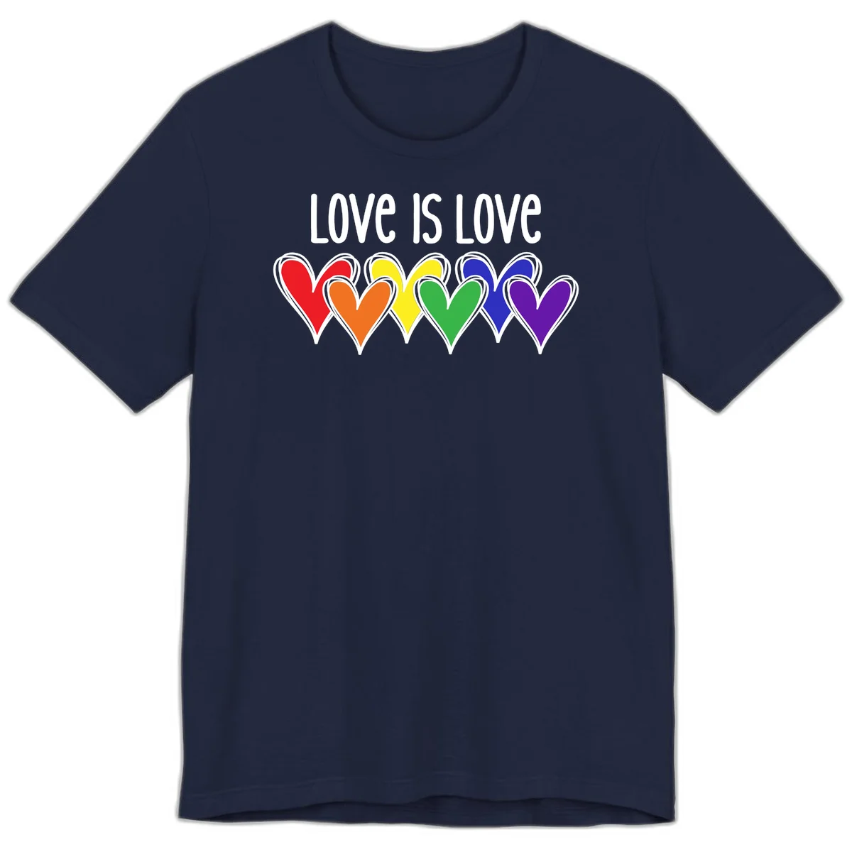 Love is love pride design with six colorful rainbow hearts in red, orange, yellow, green, blue, and purple on gray background in Navy