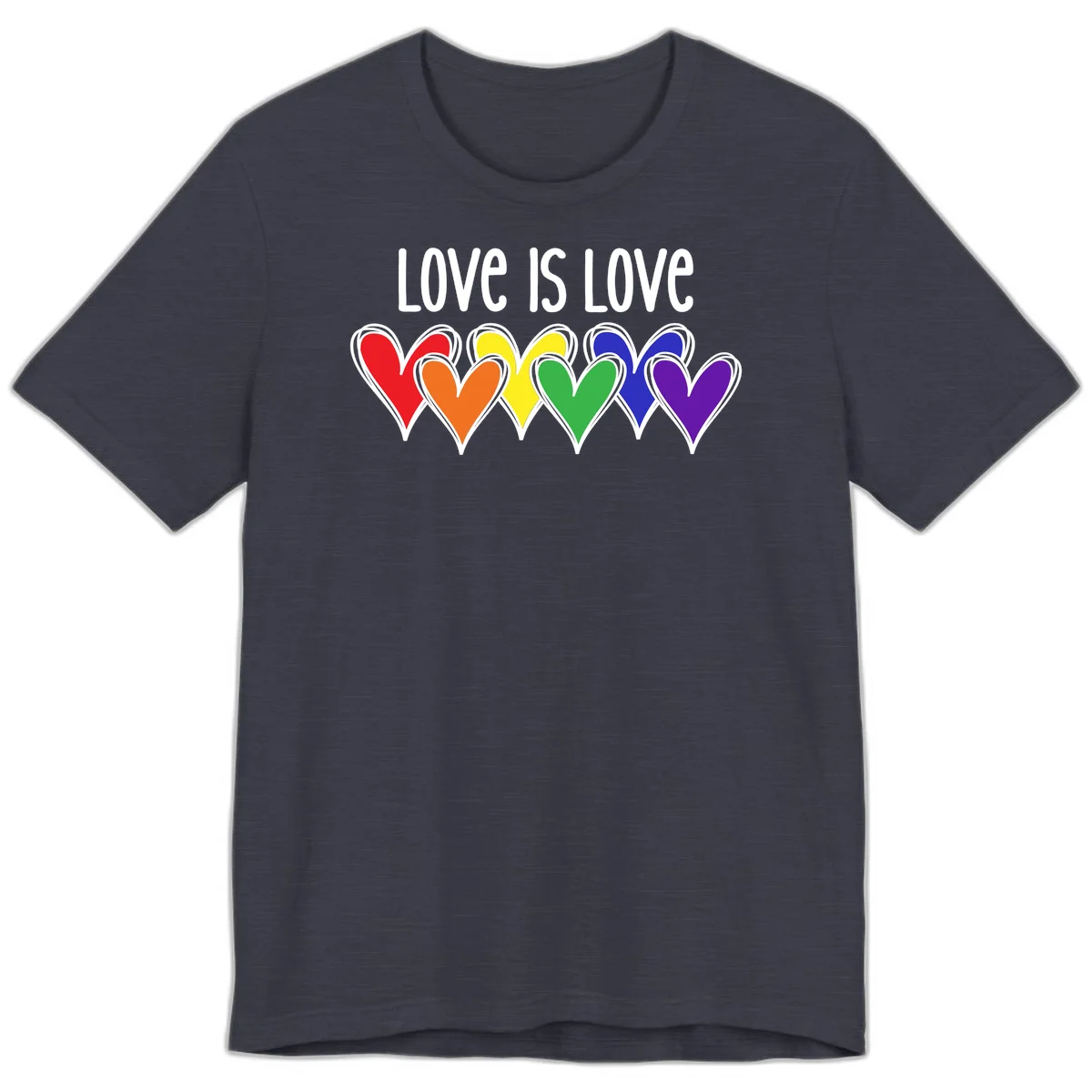 Love is love pride design with six colorful rainbow hearts in red, orange, yellow, green, blue, and purple on gray background in Heather Midnight Navy