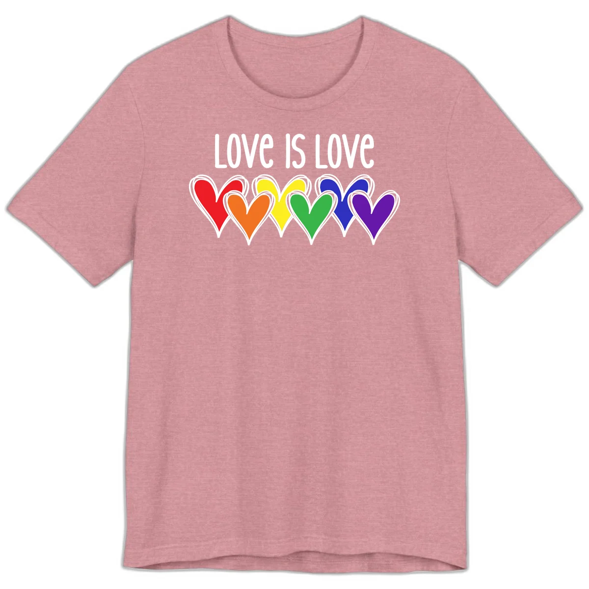 Love is love pride design with six colorful rainbow hearts in red, orange, yellow, green, blue, and purple on gray background in Heather Orchid