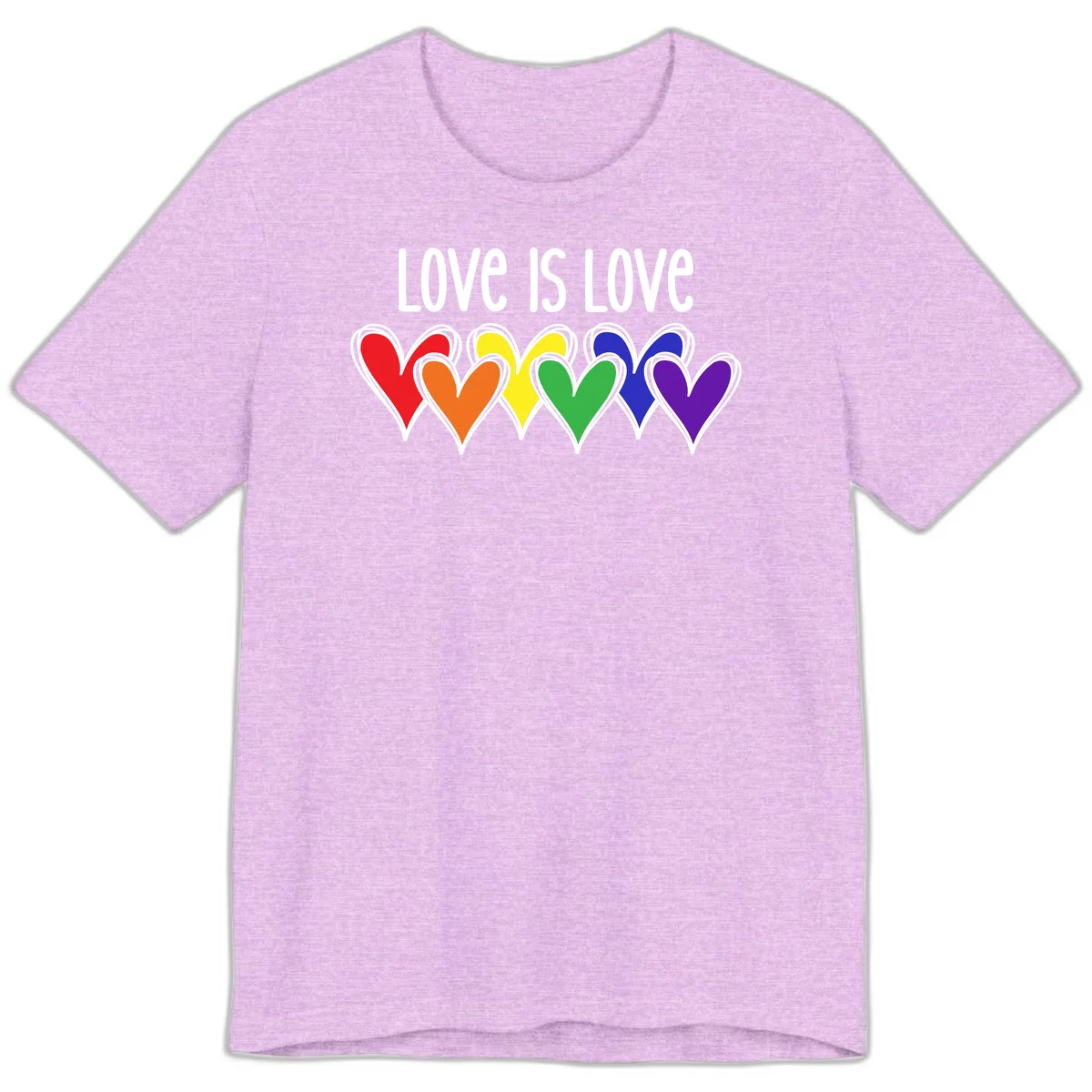Love is love pride design with six colorful rainbow hearts in red, orange, yellow, green, blue, and purple on gray background in Heather Prism Lilac