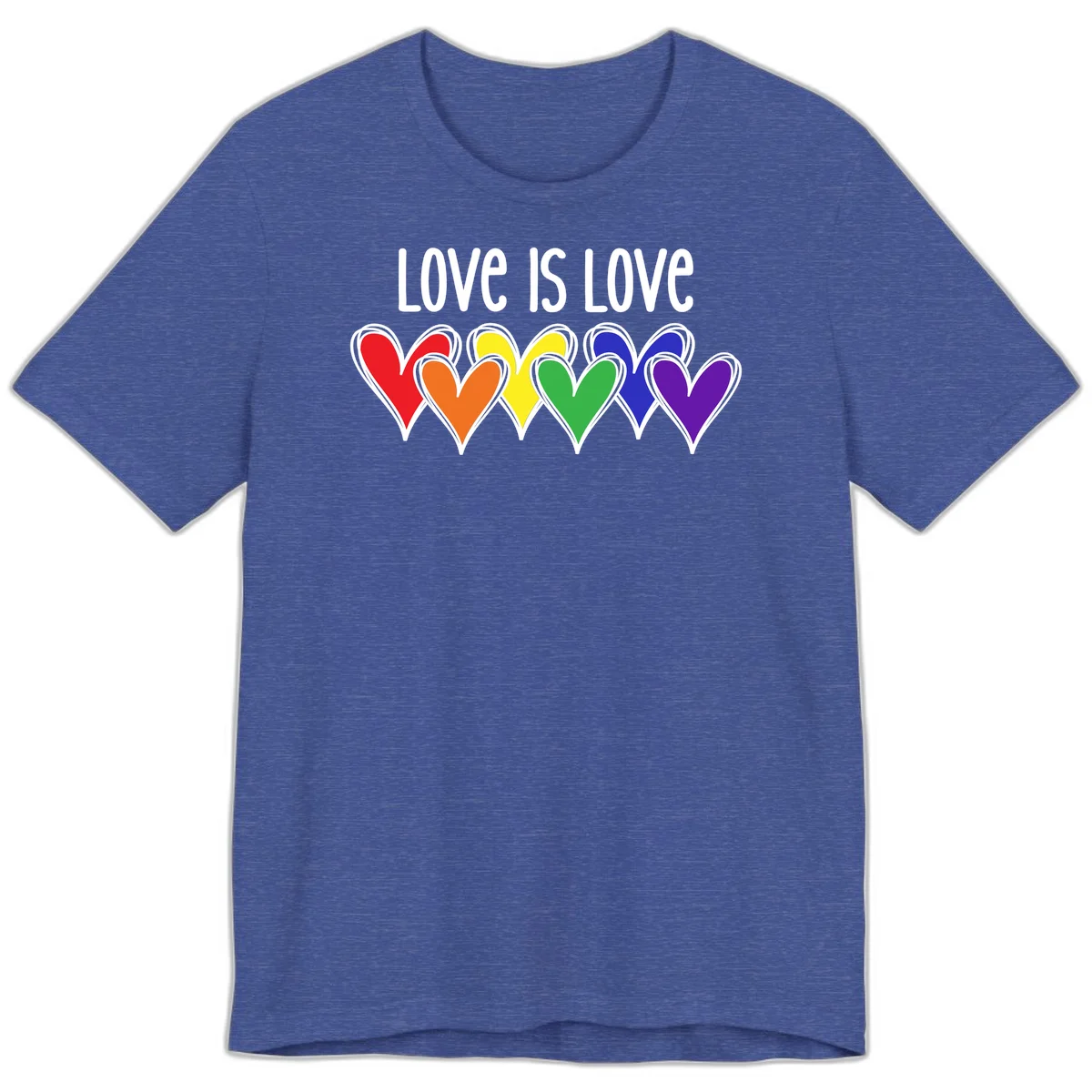 Love is love pride design with six colorful rainbow hearts in red, orange, yellow, green, blue, and purple on gray background in Heather True Royal
