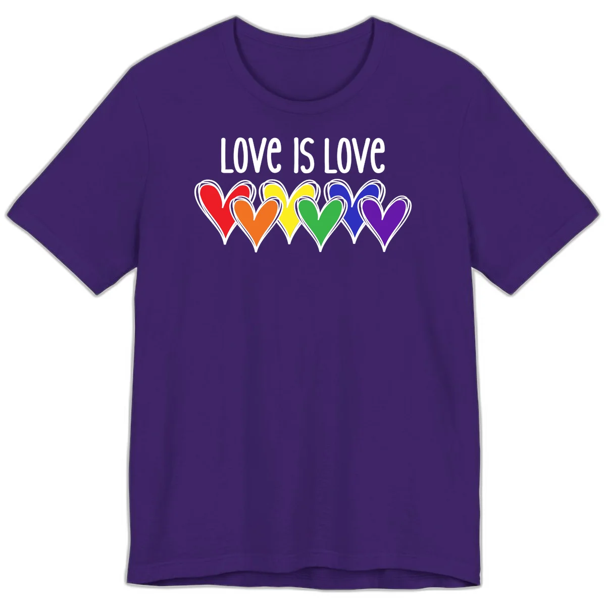 Love is love pride design with six colorful rainbow hearts in red, orange, yellow, green, blue, and purple on gray background in Team Purple